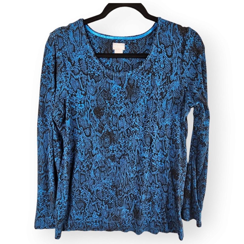 Chico's 1 Medium US 8 Women's Top Snake Skin Pattern Blue Black Long Sleeve
